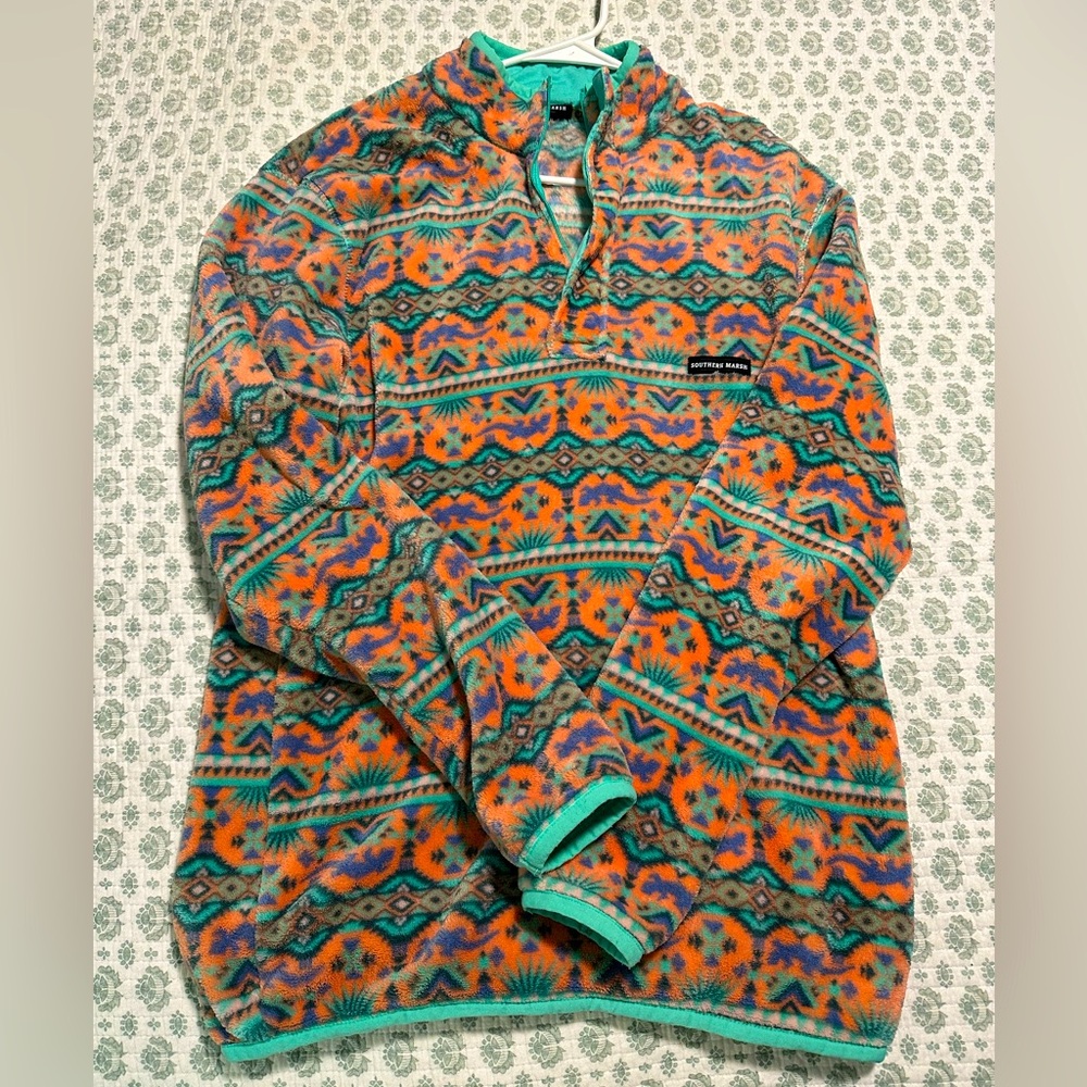 Southern Marsh Aztec Quarter Zip Fleece Pullover Size Medium Coral & Teal